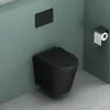 A modern black wall-mounted toilet with a black flush plate and a black toilet paper holder with a roll of toilet paper, set against a teal wall and a gray floor. Produktbild-Vorschau