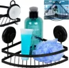 A black metal corner shower shelf with suction cups, holding a bottle of soap, a tube of blue liquid, and a blue bath pouf. Náhled obrázku produktu