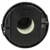 A top-down view of a black round vacuum cleaner filter with a white pleated filter element visible in the center. The filter has directional arrows and symbols indicating its orientation. Produktbild-Vorschau