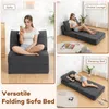 A collage showing a versatile folding sofa bed in three different configurations: as a sofa, a chaise lounge, and a sleeping bed, with people demonstrating its use. Produktbild-Vorschau