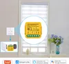 A smart home device for controlling curtains or blinds, shown with its connection module and compatible app logos. Náhled obrázku produktu