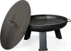 A black metal fire pit with a large, dark gray lid resting partially open on its side. Produktbild-Vorschau