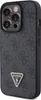 A close-up view of the back of a black iPhone case with a repeating Guess logo pattern and a triangular Guess logo with rhinestones. Náhled obrázku produktu