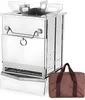 A stainless steel camping wood stove and a brown storage bag are shown against a white background. Náhled obrázku produktu