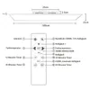 Diagram showing dimensions of a ceiling light panel and a remote control with labeled buttons. Produktbild-Vorschau