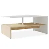 A modern coffee table with a white top and a wood-toned base, shown against a white background. Podgląd zdjęcia produktu