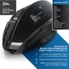 A black vertical mouse with an OLED display showing a macro list, presented on a blue and white background with marketing text. Produktbild-Vorschau