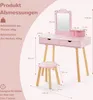 A pink child's vanity table and stool set with dimensions and weight capacity information. Podgląd zdjęcia produktu