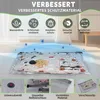 A vacuum-sealed bag with a cartoon dog print, surrounded by blue virus-like graphics, with feature icons and close-up shots of the bag's components at the bottom. Produktbild-Vorschau