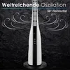 A white and black tower fan on a black textured background with decorative swirl graphics and text overlays. Voir les images du produit