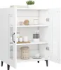 A white wooden sideboard with glass doors, open to reveal shelves with decorative items and kitchenware. Náhľad obrázku produktu