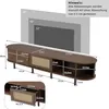 A diagram showing the dimensions of a TV stand, with different screen sizes indicated. Podgląd zdjęcia produktu