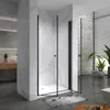 A modern bathroom with a glass shower enclosure, marble walls, and dark gray tiled floor. Produktbild-Vorschau