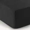 A close-up view of a black fitted sheet, showing its texture and drape. Produktbild-Vorschau