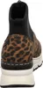 The back view of a leopard print ankle boot with a black elasticated top and a white sole. Anteprima dell’immagine prodotto