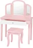A pink children's vanity table and stool set with a tri-fold mirror and an open drawer. Podgląd zdjęcia produktu