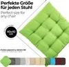 A close-up of a green seat cushion with text overlays and a row of color swatches at the bottom. Produktbild-Vorschau