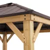 Close-up view of the wooden frame and brown metal roof of a gazebo. Produktbild-Vorschau