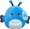 A blue butterfly plush toy with black and white patterned wings and antennae, sitting on a white background. A product tag is attached to its side. Produktbild-Vorschau