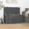 A grey wooden storage chest with its lid open, placed on a wooden floor next to a sofa. Náhled obrázku produktu