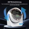 A white and gray portable fan is shown with animated arrows indicating 360-degree rotation and tilting. Text overlays describe its features and capabilities. Produktbild-Vorschau