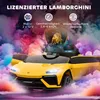 A yellow Lamborghini toy car with its doors open, surrounded by colorful smoke effects. The Lamborghini logo is visible on the car and in the background. Produktbild-Vorschau