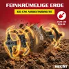 A garden tiller in action, breaking up soil, with glowing effects and text overlays. Produktbild-Vorschau