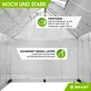 Interior view of a greenhouse structure with marketing text overlays highlighting features. Produktbild-Vorschau