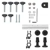 A collection of hardware components for a product, including screws, nuts, bolts, and metal tubes. Produktbild-Vorschau