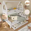 A white bunk bed with stairs and drawers, set up in a child's room with some toys and decorations. Produktbild-Vorschau