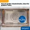 Interior view of a microwave oven showing a large glass turntable and ventilation grilles, with marketing text overlays. Produktbild-Vorschau