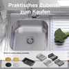 A kitchen sink with accessories and text overlays. Produktbild-Vorschau