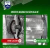 A split image showing the inside of a washing machine drum, comparing the effects of using Calgon versus not using it. The left side shows a dirty drum with limescale buildup, labeled 'OHNE CALGON' (Without Calgon) with a red cross. The right side shows a  Produktbild-Vorschau