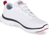 A white Skechers sneaker with black and red accents is shown against a white background. Produktbild-Vorschau