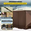 A close-up view of a brown and white VEVOR pavilion tent set up in a snowy outdoor environment, with inset images highlighting its features. Náhled obrázku produktu
