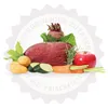 A collection of raw ingredients including meat, vegetables, and fruit, arranged in a decorative seal. Produktbild-Vorschau