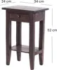 A dark brown wooden side table with a drawer and a lower shelf, shown against a white background with dimensions indicated by text. Produktbild-Vorschau