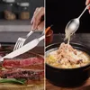 A split image showing a hand cutting a steak with a knife and fork on the left, and a spoon scooping soup with meat from a bowl on the right. Produktbild-Vorschau