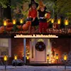 A collage showing children in Halloween costumes with pumpkins and solar flame lights in an outdoor setting, and a house facade decorated with solar flame lights. Produktbild-Vorschau