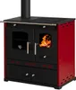 A red and black wood-burning stove with a chimney and a stovetop. Produktbild-Vorschau