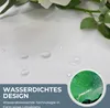 A close-up of a white fabric with water droplets on it, and a circular inset showing a green leaf with water splashing on it. Text overlays describe the waterproof design. Produktbild-Vorschau