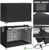 A collage of images showing a black dog crate cover, a dog crate with the cover partially on, and close-ups of the cover's features. Produktbild-Vorschau