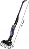 A black and purple stick vacuum cleaner is shown against a white background with dimensions indicated by lines and text. Produktbild-Vorschau