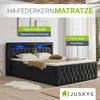 A black boxspring bed with blue LED lights in the headboard, shown in a bedroom setting. Produktbild-Vorschau