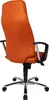 A rear view of an orange office chair with silver armrests and a black base with wheels. Produktbild-Vorschau