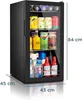 A black mini-refrigerator filled with various beverages, with dimensions indicated by text overlays. Produktbild-Vorschau