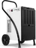 A white and black dehumidifier with wheels and a handle, shown from a three-quarter angle on a white background. Produktbild-Vorschau