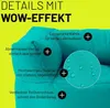 A close-up marketing image of a turquoise beanbag chair, highlighting its features with text and icons. Náhled obrázku produktu