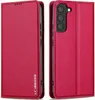 A red flip-style phone case for a Samsung Galaxy S21 FE 5G is shown from the front and back. Produktbild-Vorschau