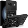 A black phone case with a camera cover and ring holder is shown from multiple angles. Produktbild-Vorschau